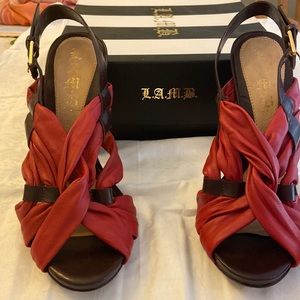 L.A.M.B. By Gwen Stefani Red & Brown leather heeled sandals. New, wore one time